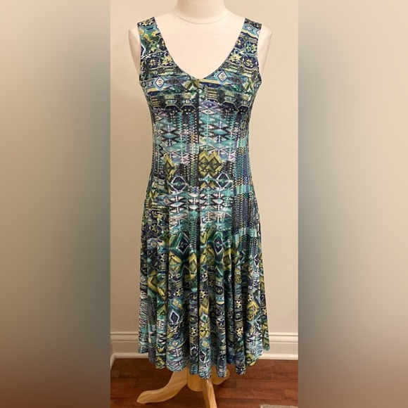 Creation Blue Turquoise Green Aztec Tribal Print Sleeveless Swing Midi Dress S - Picture 1 of 12